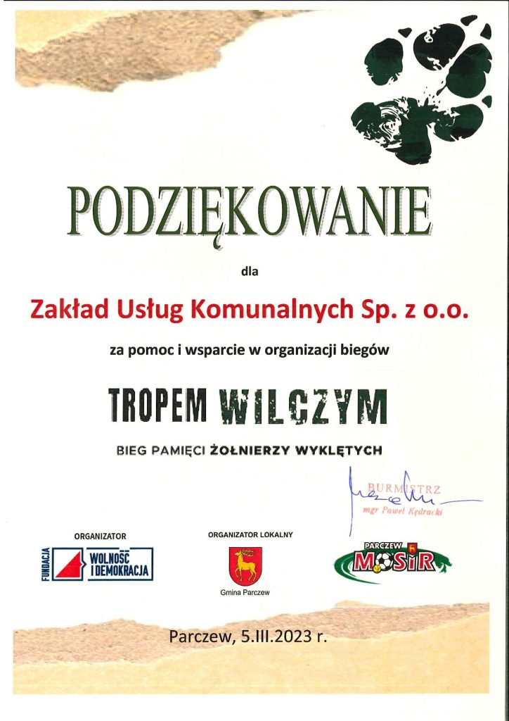 Podziękowanie za pomoc i wpsarcie w organizacju biegów tropem wilczym 5 marca 2023