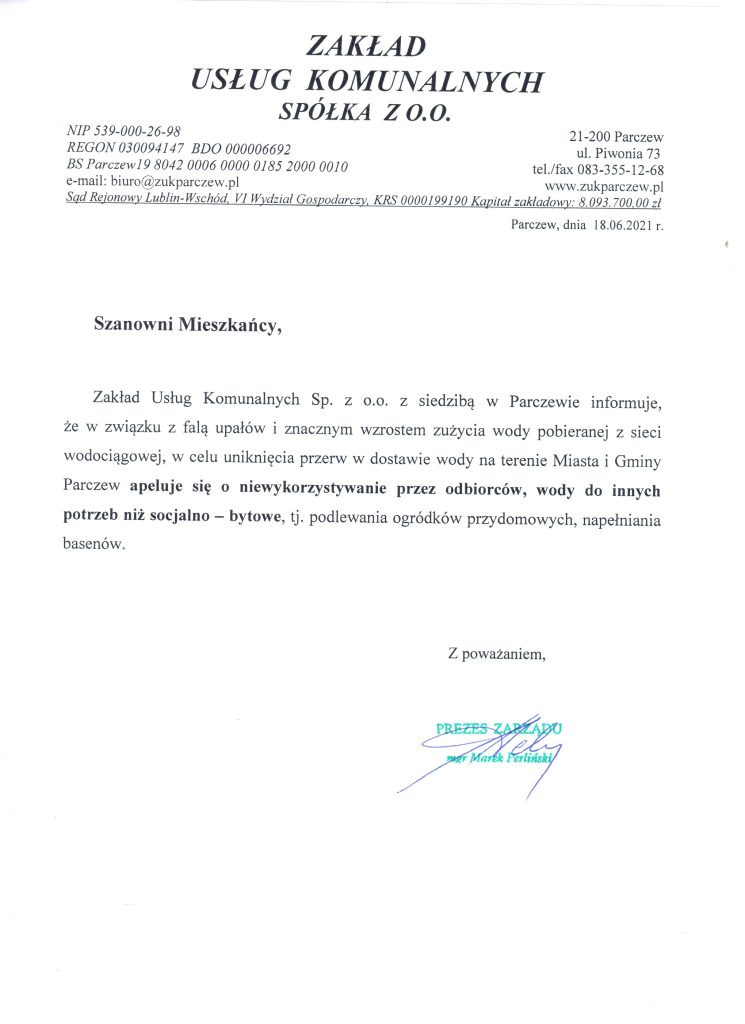 Informacja o oszczędzaniu wody