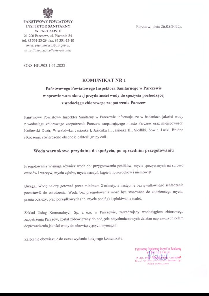 Pilny komunikat o warunkowej przydatności wody do spożycia
