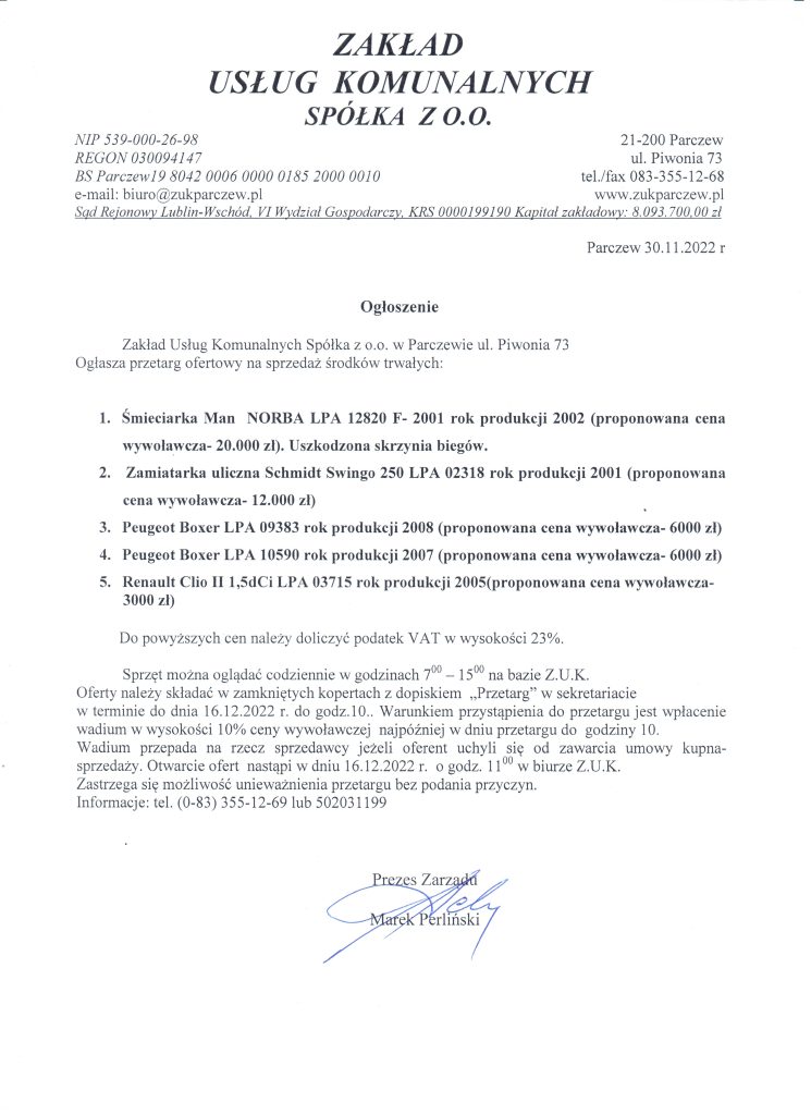 Ogłoszenie przetargu ofertowego na sprzedaż środków trwałych ZUK Parczew 30.11.2022