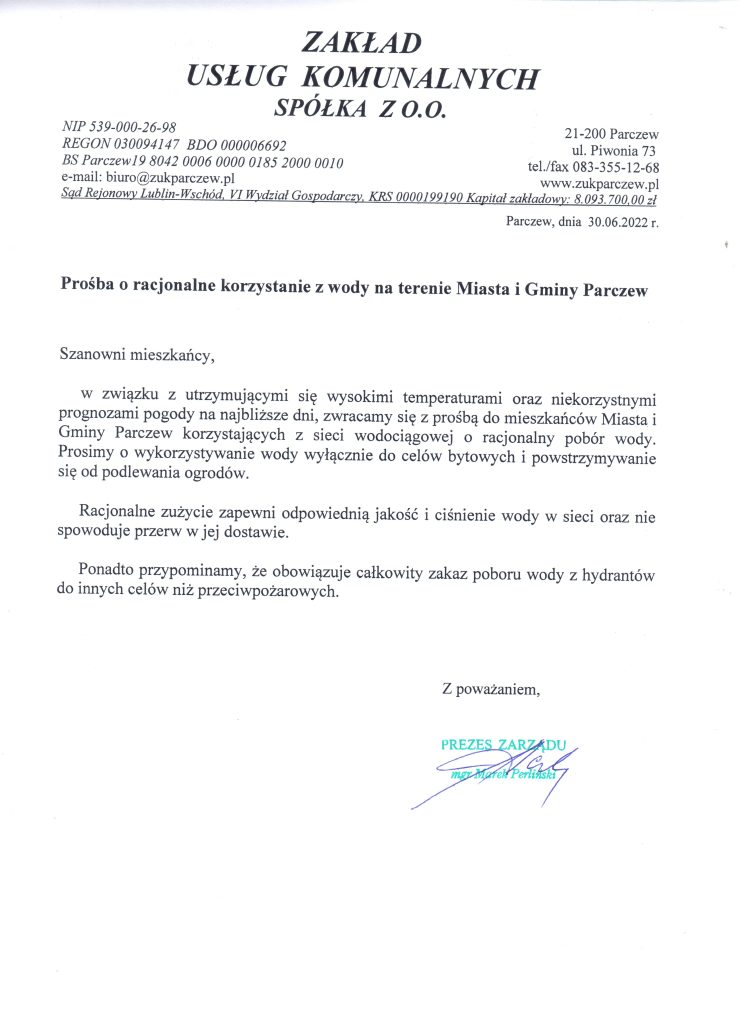 Komunikat- Prośba o racjonalne korzystanie z wody
