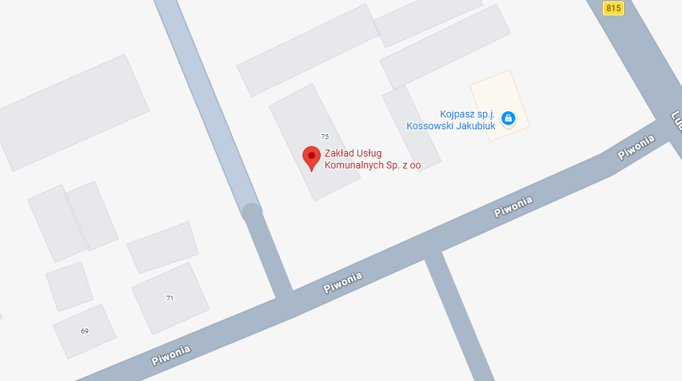 Mapa lokalizacji Zakładu Usług Komunalnych w Parczewie przy ul. Piwonia 73.