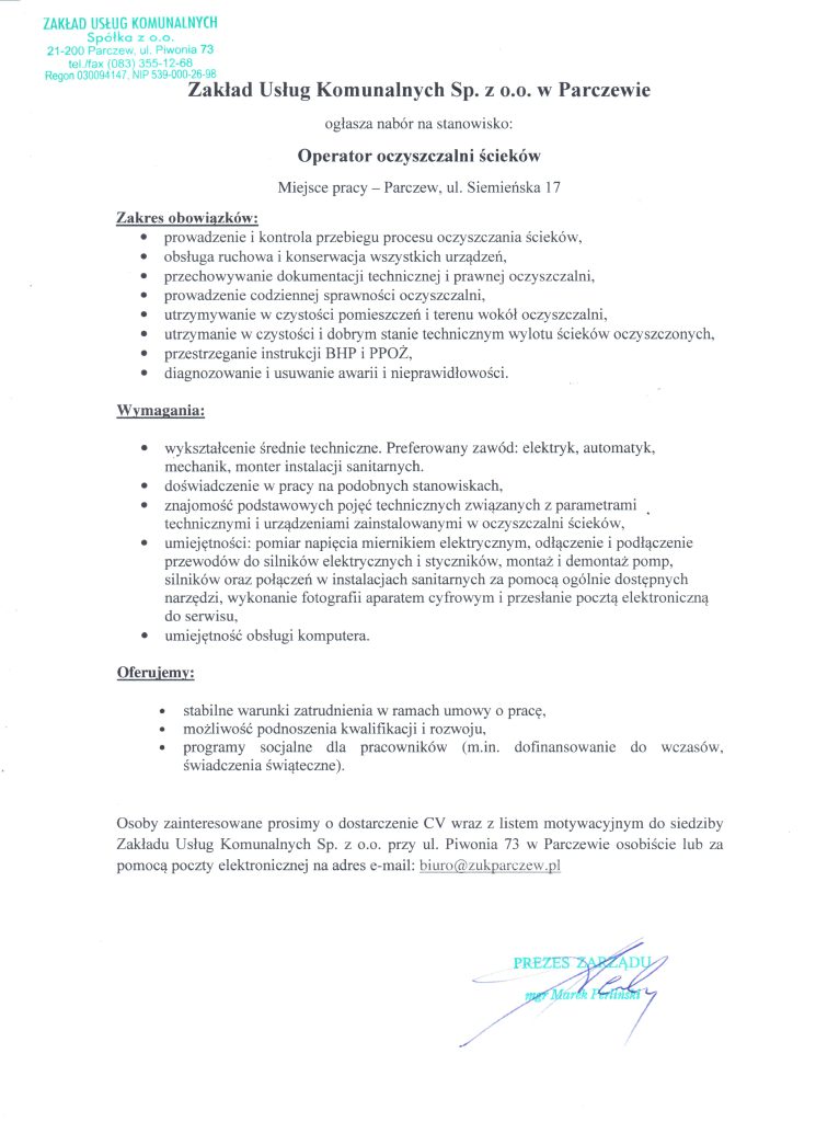 Nabór na stanowisko - operator oczyszczalni ścieków
