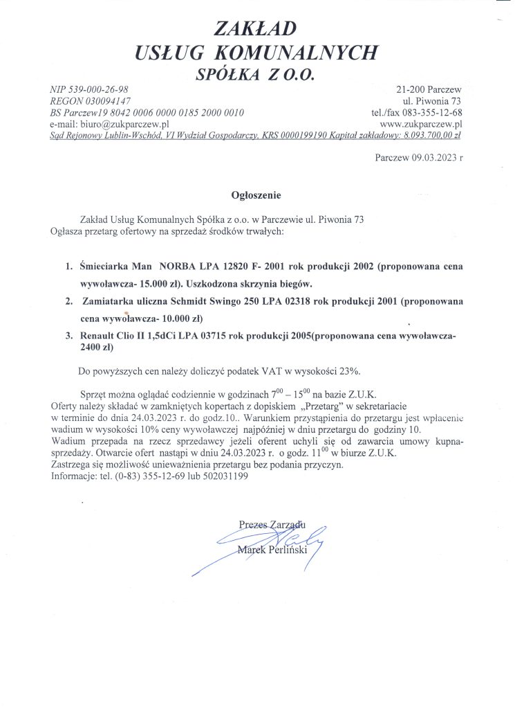 Ogłoszenie przetargu ofertowego na sprzedaż środków trwałych ZUK Parczew 09.03.2023