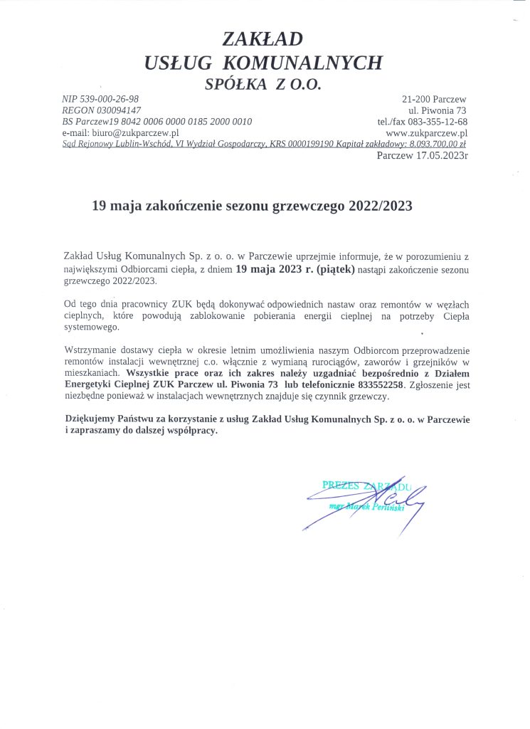 Ogłoszenie - Zakończenie sezonu grzewczego 2022/2023